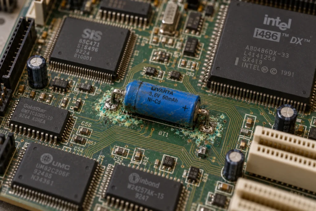 Bateria Varta Ni-Cd de 3,6 V vazada em placa-mãe 486, com corrosão esverdeada ao redor dos terminais