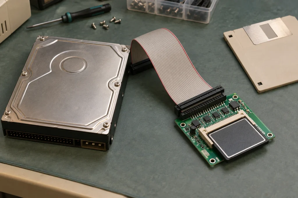HD IDE antigo ao lado de um adaptador de CompactFlash para IDE ligado por cabo flat