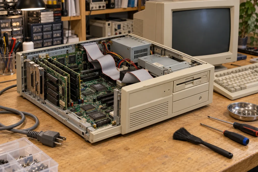 Gabinete de PC antigo aberto na bancada com placas ISA, fonte, drive de disquete e ferramentas de limpeza
