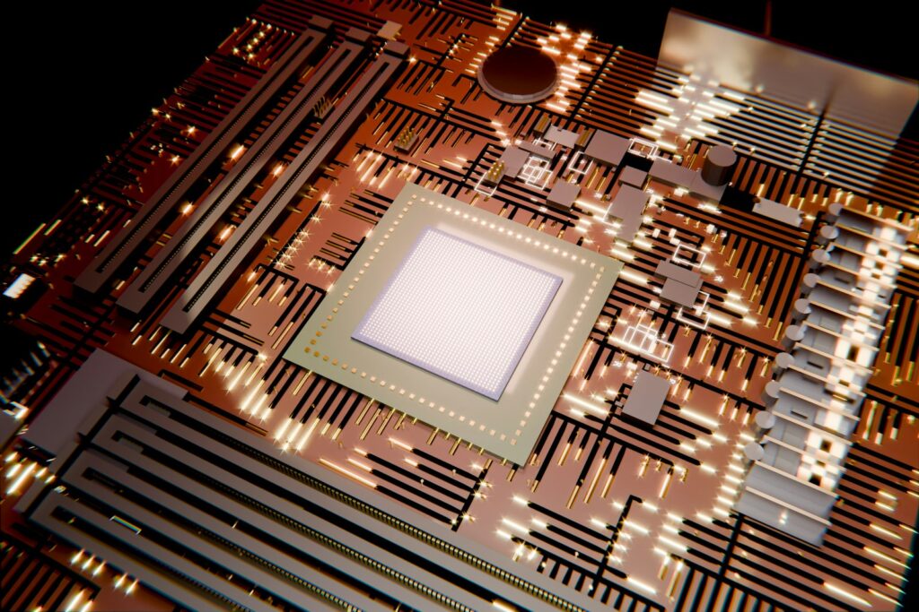 Chip processador brilhando sobre uma placa de circuito detalhada, representando o microprocessador MOS 6502