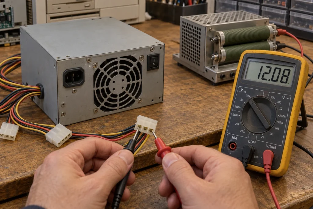 Teste de fonte de computador antigo com multímetro e carga resistiva, medindo 12 V